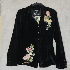 Como No Black Velvet Embroidered Floral Button Down Shirt Top WomenArt to Wear